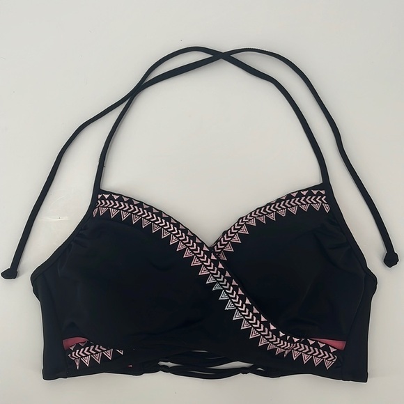 Vs PINK Black Wrap Macrame Swimsuit Top Bikini Cutout Embroidery Crossover L - Picture 1 of 6